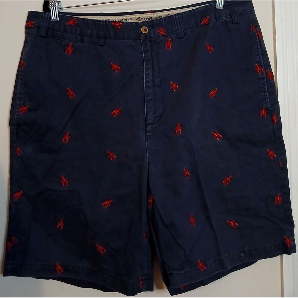 Caribbean Joe Nautical Lobster Embroidered Shorts Mens 38 Navy Cotton Coastal